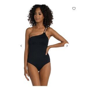 LA BLANCA Island Goddess One Piece Swimsuit 10 Black Lace Back One Shoulder NWOT